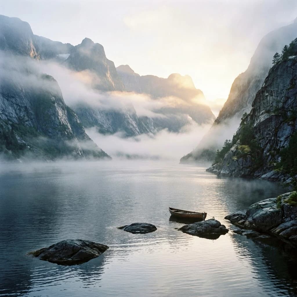 Frame a foggy fjord at sunrise, cliffs looming.