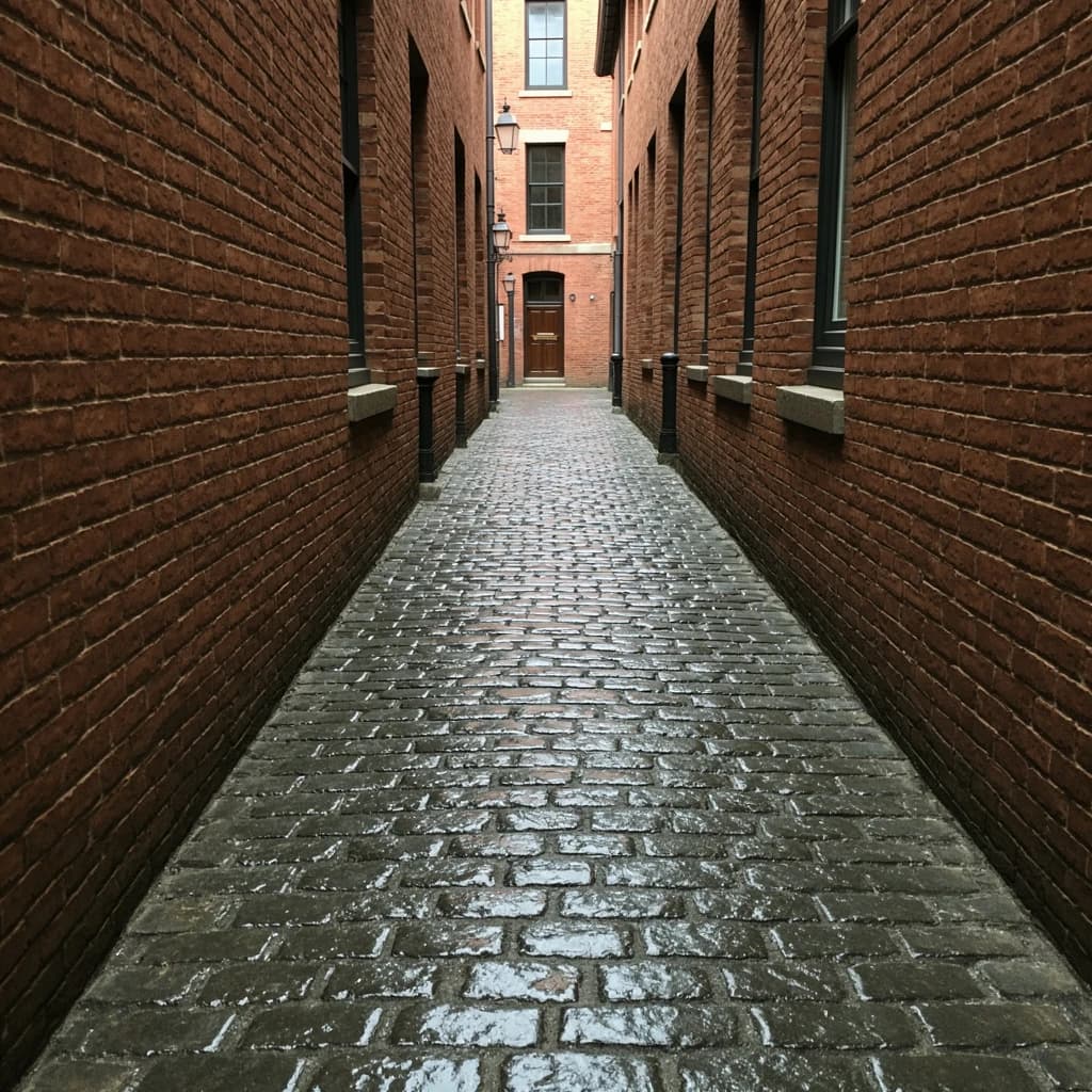 Show a narrow brick alley with wet cobblestones.