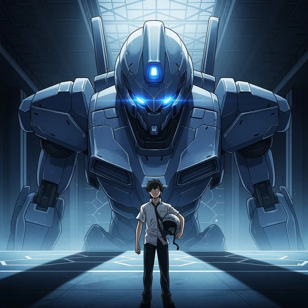 A teenage pilot grips his helmet under one arm, standing at the edge of a glowing hangar bay. Before him looms a sleek, steel-blue mech, its eyes lit with a cold electric glare. His school uniform is rumpled, a sharp contrast to the machine’s flawless plating. The vast scale engulfs him in shadow, emphasizing both awe and dread. Hand-drawn anime style.