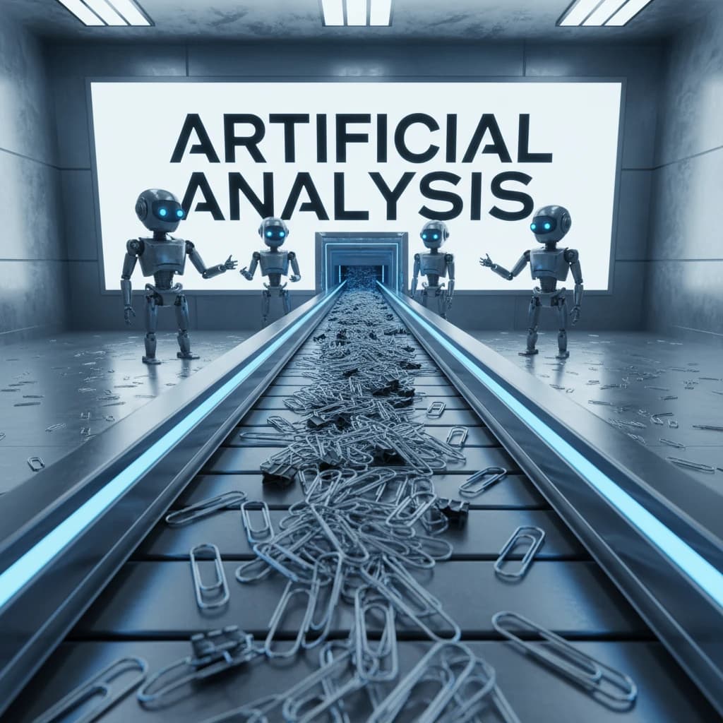 Close up point of view perspective on a conveyor belt pumping out paperclips at a maddening pace. The high tech factory has Artificial Analysis printed proudly on the wall. Robot staff look approvingly over the robust output.