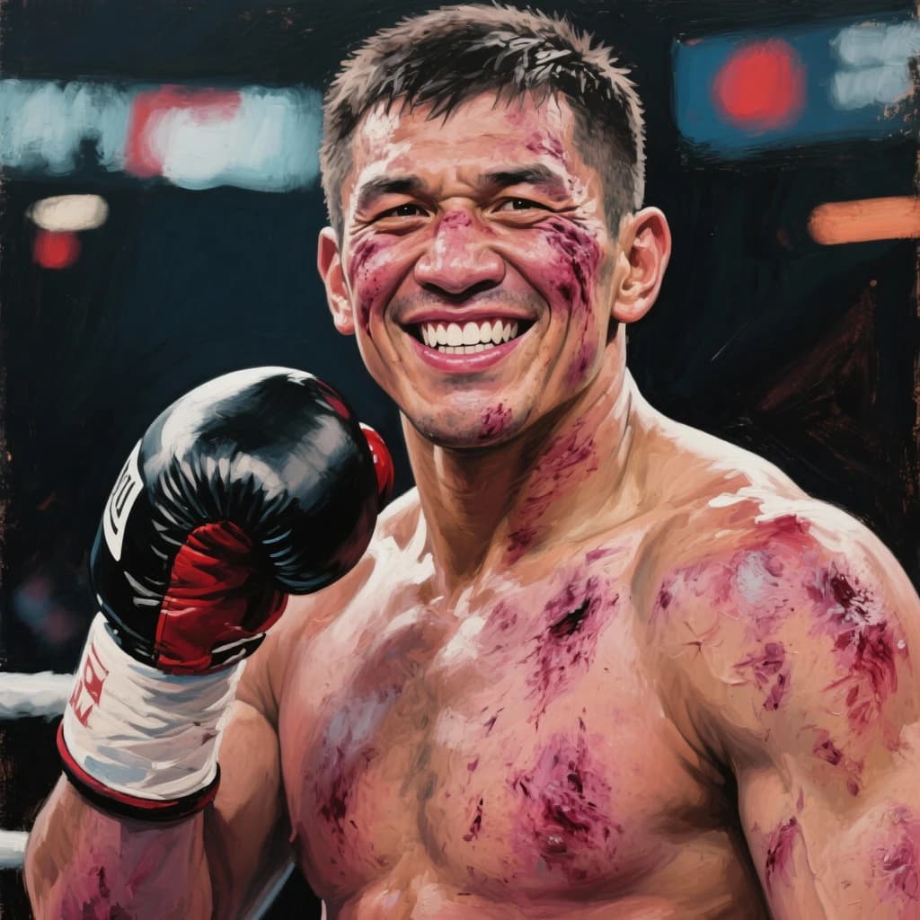 Paint a bruised boxer smiling, serious expression.