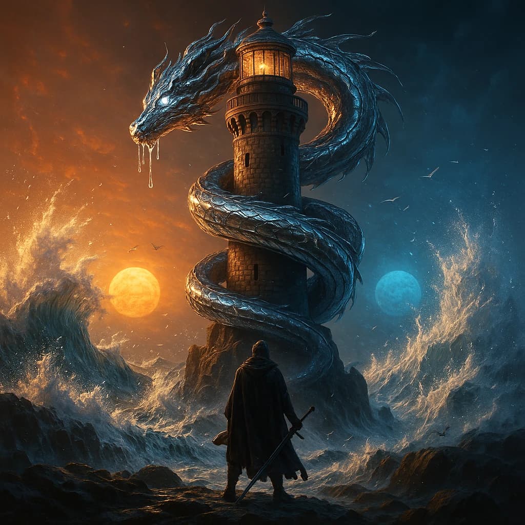 A dragon of molten silver coils around a lighthouse. The storming sea below crashes upward in frozen stillness, as though caught mid-motion. The dragon’s molten eyes drip tears of ice. On the horizon, two suns set next to each other, casting orange light on one side of the tower and blue on the other. A cloaked traveler carries an ancient weapon in his left hand and a scroll in his right.