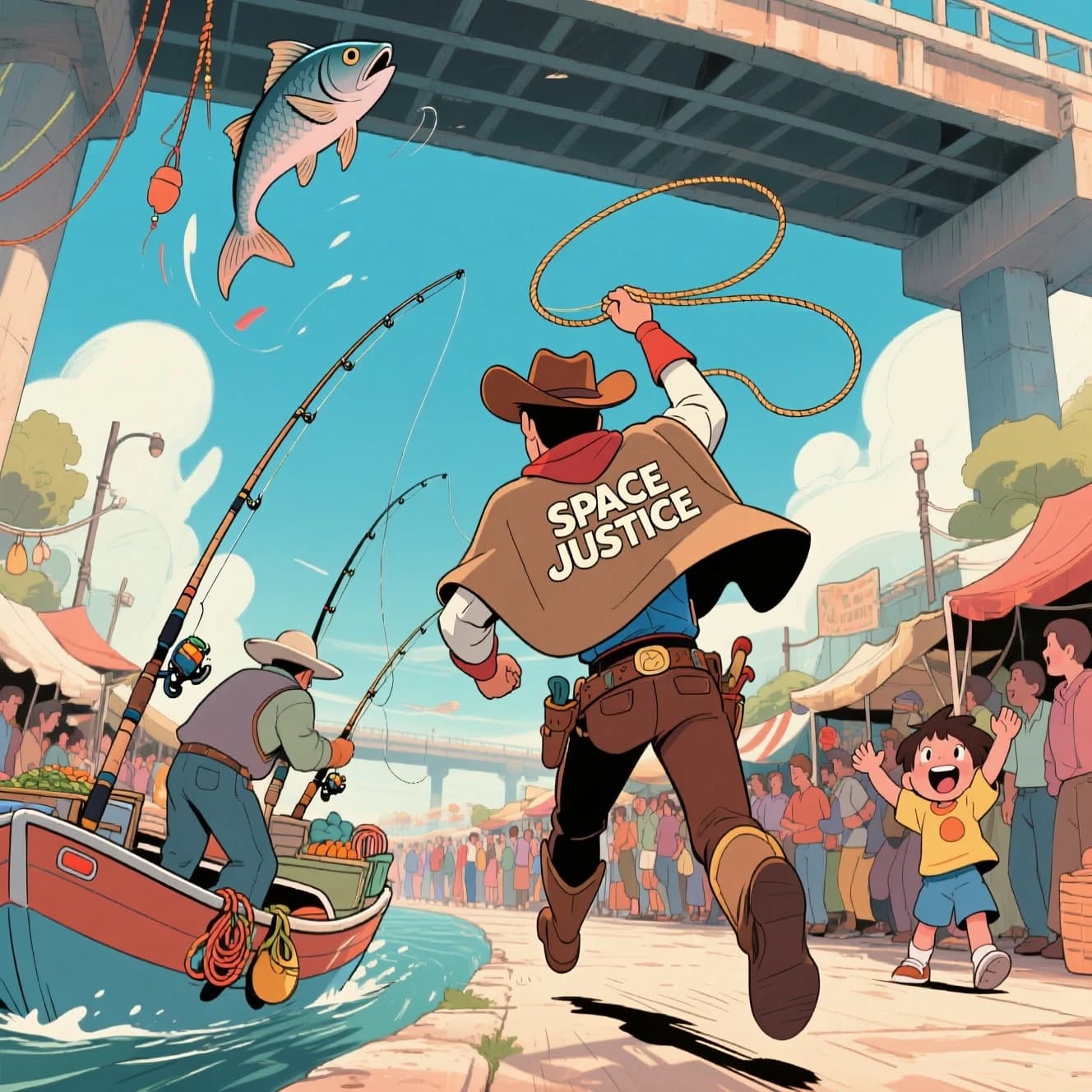 The space cowboy chases the deranged fisherman underneath the causeway, eager to collect on his bounty. Fishing rods and lines hang off the back off the fishermen as he darts between the bustling market crowd. We see the back of the space cowboy in his space poncho emblazoned with the words SPACE JUSTICE, spinning his lasso over his head. A child on the sidelines excitedly cheers the cowboy. 1990s hand drawn anime style with strong fluidity