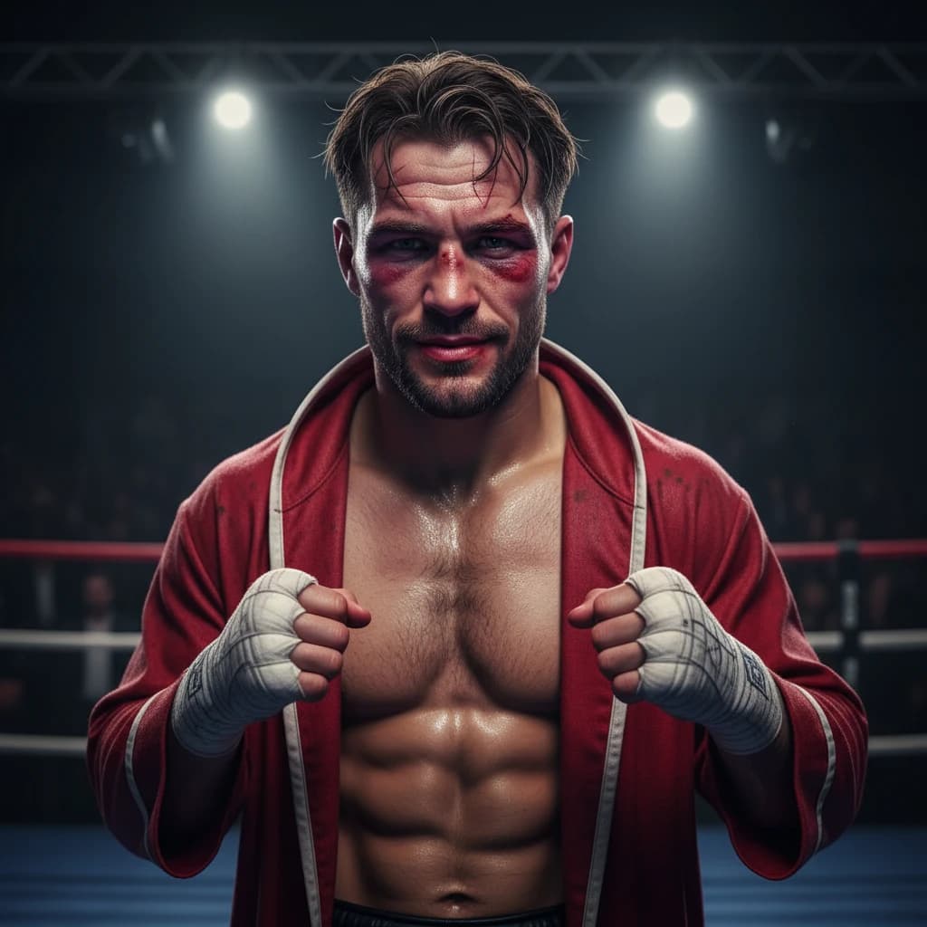 Paint a bruised boxer smiling, serious expression.