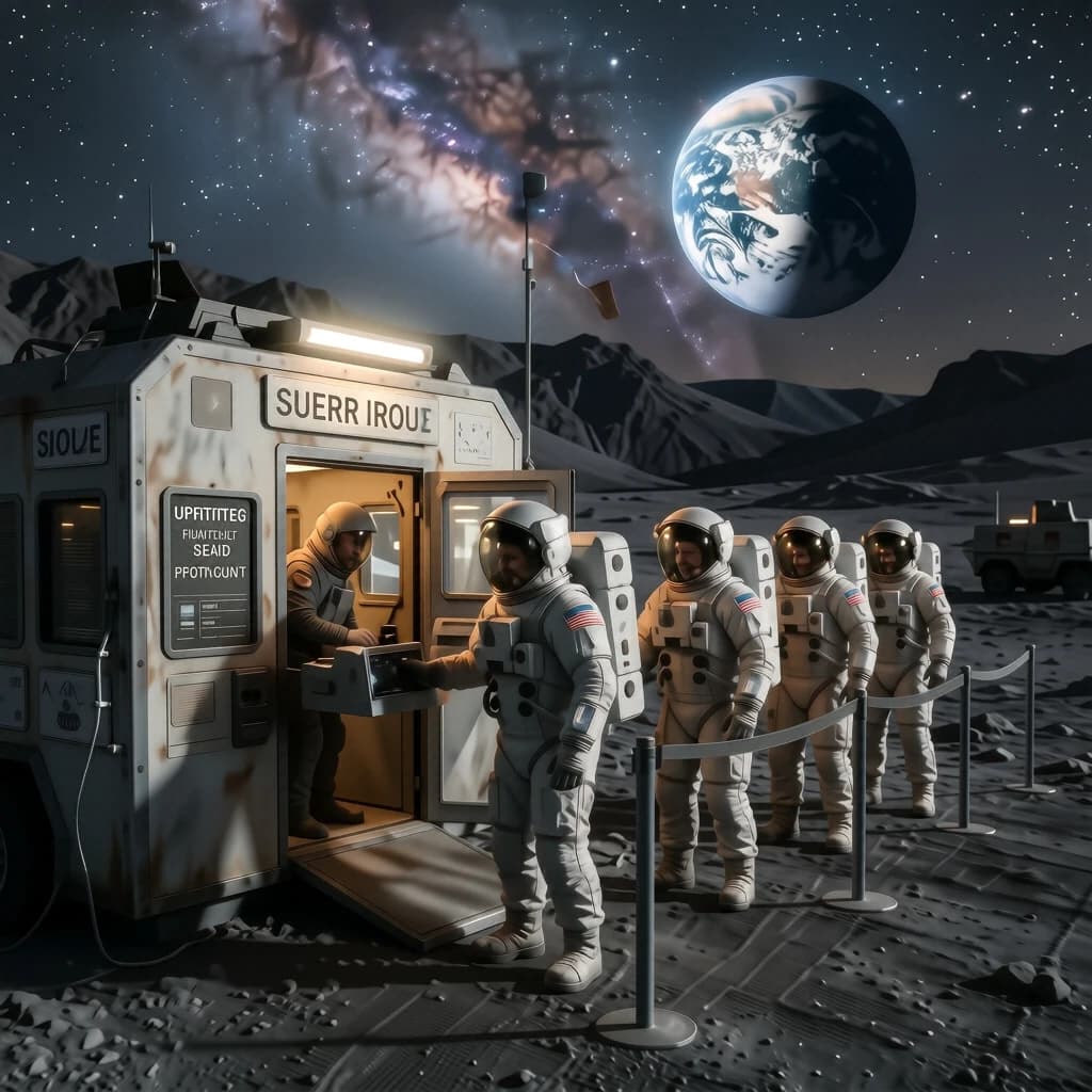 Silver exosuits queue at a dusty lunar checkpoint.