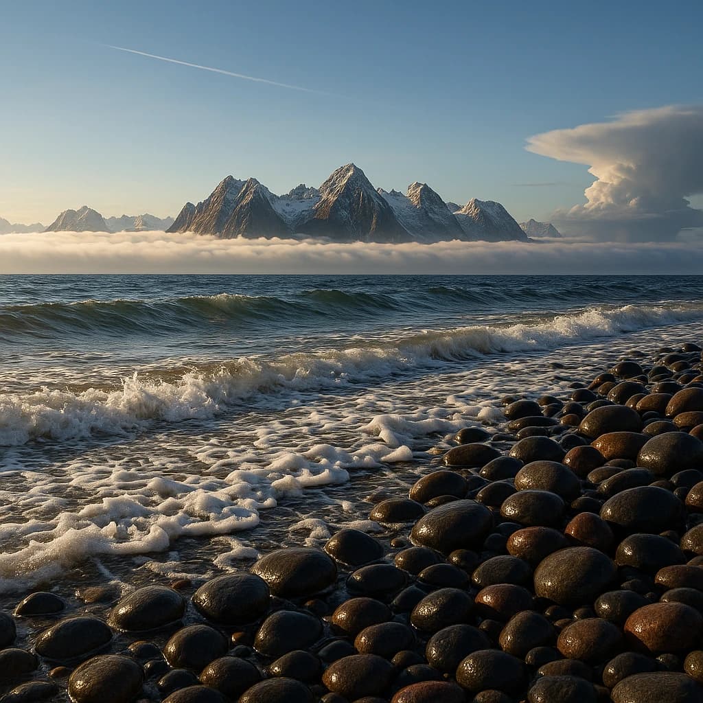 A stunning mountain vista pokes through the cloud top. Contrails from a distant airplane linger in the air. In the foreground there is a stony beach with foamy seas. A thunder storm is visibile in the distant right.
