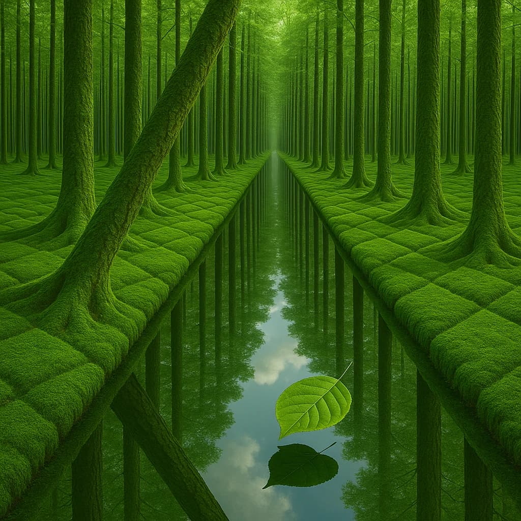 The forest is saturated green, trees identical in height and width, trunks straight, bark texture repeating. One trunk leans diagonally yet the branches remain vertical. The moss is emerald, glistening, though each patch forms identical diamond shapes. A stream runs straight, perfectly linear, water clear, reflecting clouds not visible in the sky. No animals, no insects, but one leaf floats on the water, doubled, showing two overlapping shadows.
