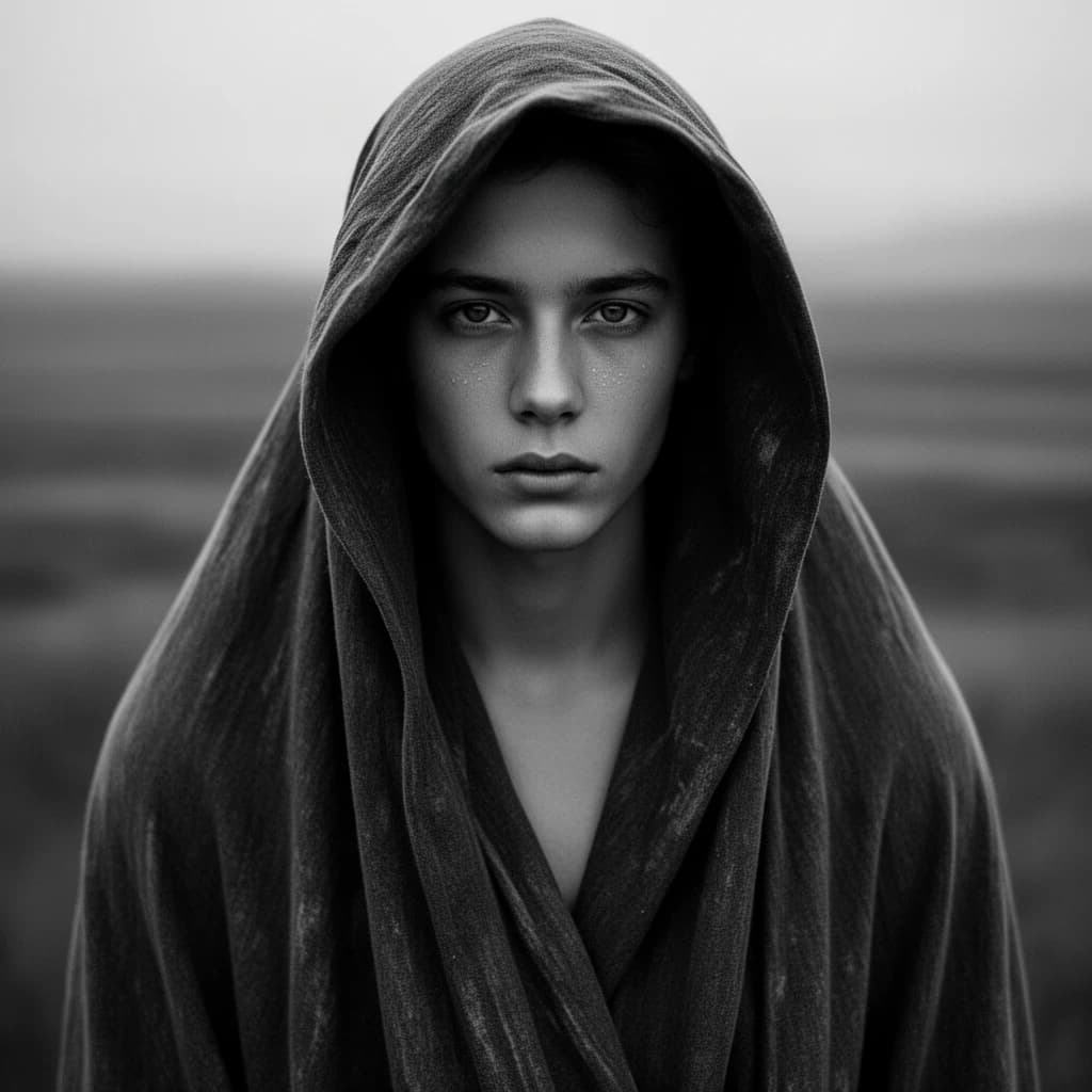 A dramatic black-and-white portrait of a young person draped in a hooded garment, their face framed by the hood's dark folds. Their skin tone and the subtle sheen on their cheeks create striking tonal contrast against the deep shadows. Their eyes are piercing, looking directly into the lens with a calm, steady intensity—neither confrontational nor submissive, but deeply present. The texture of the fabric is visible: it's dense, slightly weathered, and whisper-thin creases catch the light. In the background, an expansive, out-of-focus landscape suggests open space—perhaps distant plains or water—though the details remain soft and abstract. The overall mood is silent yet powerful, poised between vulnerability and resilience, with every highlight and shadow telling part of their story.