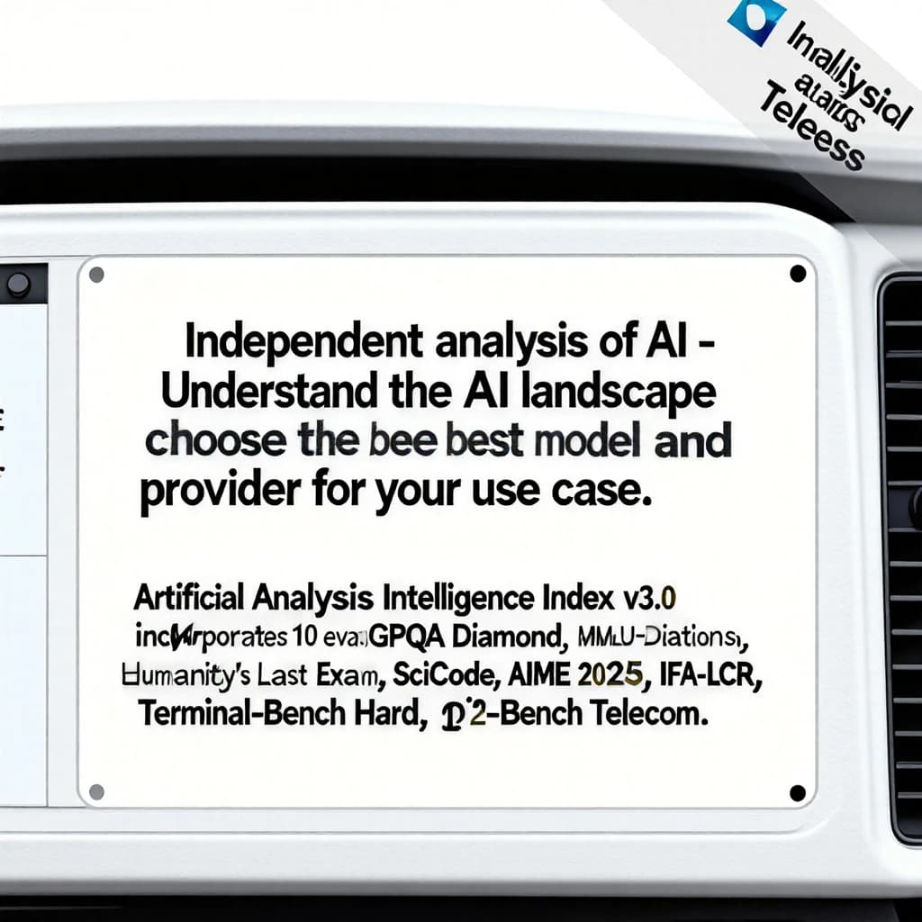 On a white dashboard with thin gray dividers, place a centered header in Helvetica Neue Bold, 20pt: “Independent analysis of AI - Understand the AI landscape to choose the best model and provider for your use case.” Directly beneath, a subheader in smaller Regular weight, 14pt: “Artificial Analysis Intelligence Index v3.0 incorporates 10 evaluations: MMLU-Pro, GPQA Diamond, Humanity's Last Exam, LiveCodeBench, SciCode, AIME 2025, IFBench, AA-LCR, Terminal-Bench Hard, 𝜏²-Bench Telecom.” The header is fully justified but the subheader is left-aligned. In the upper right corner, the Artificial Analysis logo appears watermarked, diagonal, faint gray, partially overlapping the scrollbar.