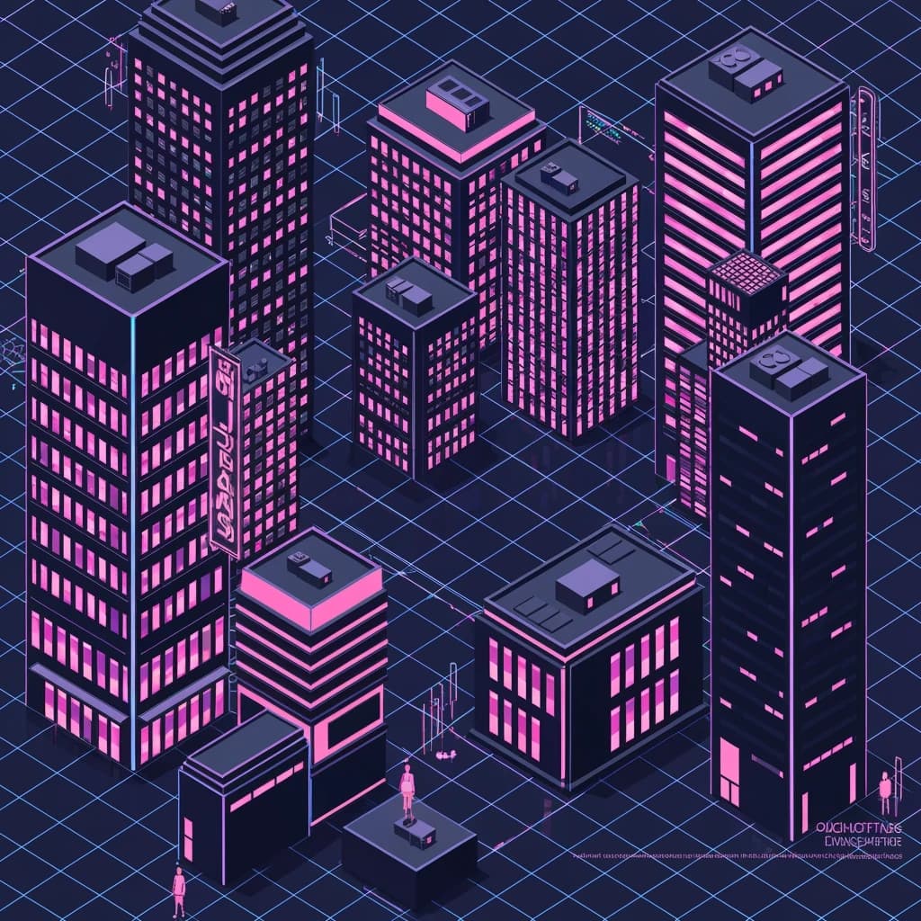 Render an isometric city poster with geometric buildings, neon gradients, gloss highlights, soft AO shadows, clean sans-serif lettering, grid layout, reflections a bit overexposed.
