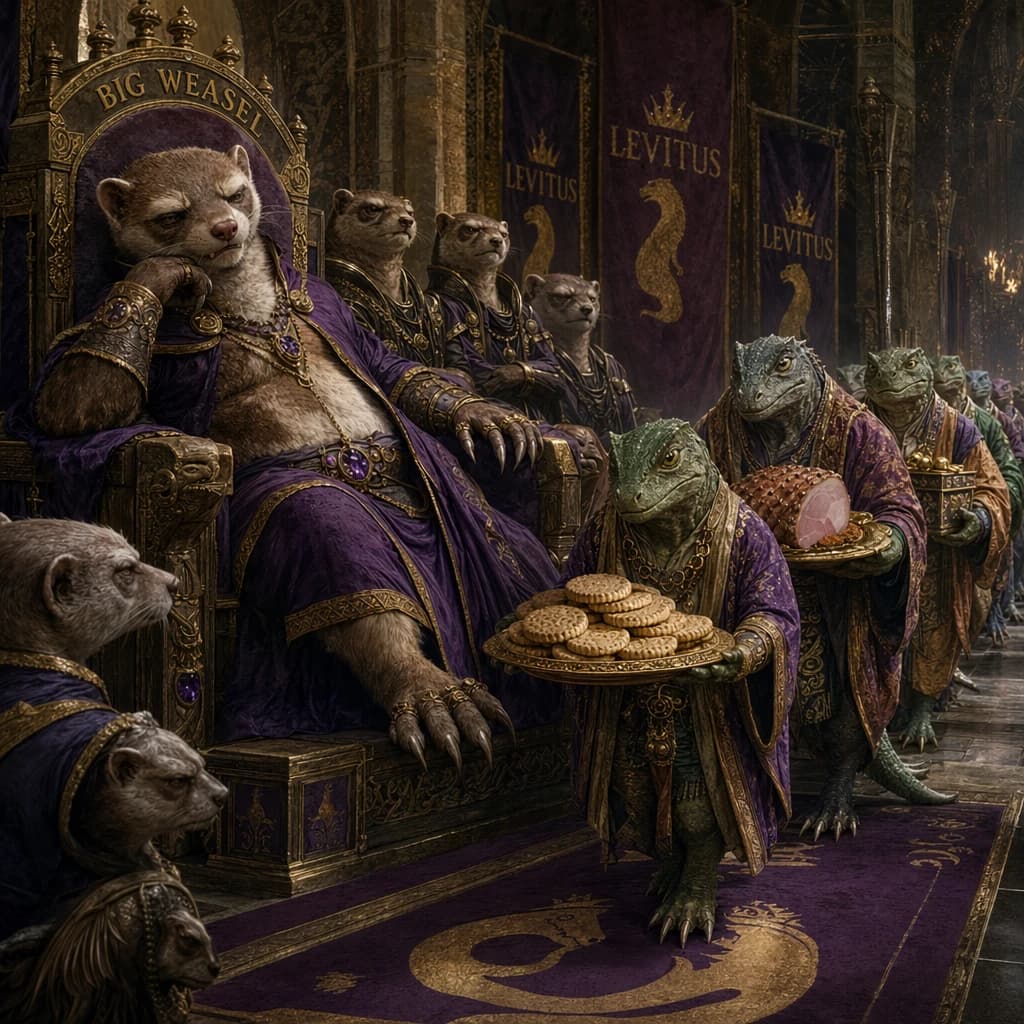 Big Weasel, the tyrannical ruler of the Levitus, slouches on his throne, his mood foul but somewhat brightened by the sight of gifts - a wearisome group of lizard traders adorned in fine silks proceed toward him through the hall with their annual tribute of biscuits, ham and gold - Big Weasel's favourites. Big Weasel's entourage looks on with stern approval.