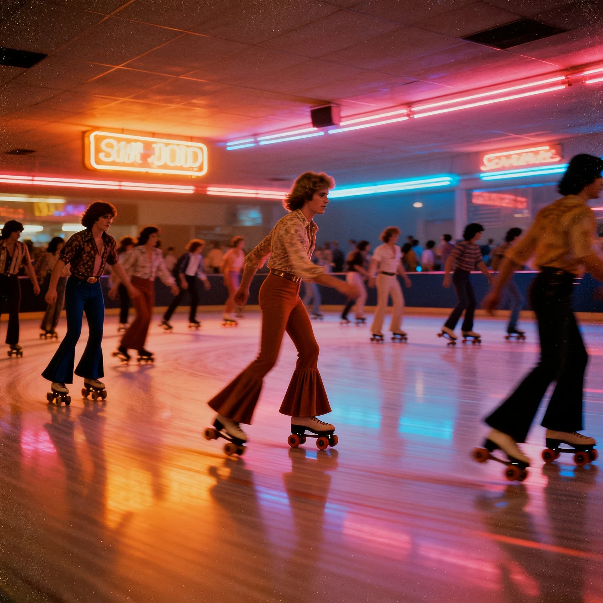 A 1970s roller rink crowd skates under neon, with a bit of fade and film grain.
