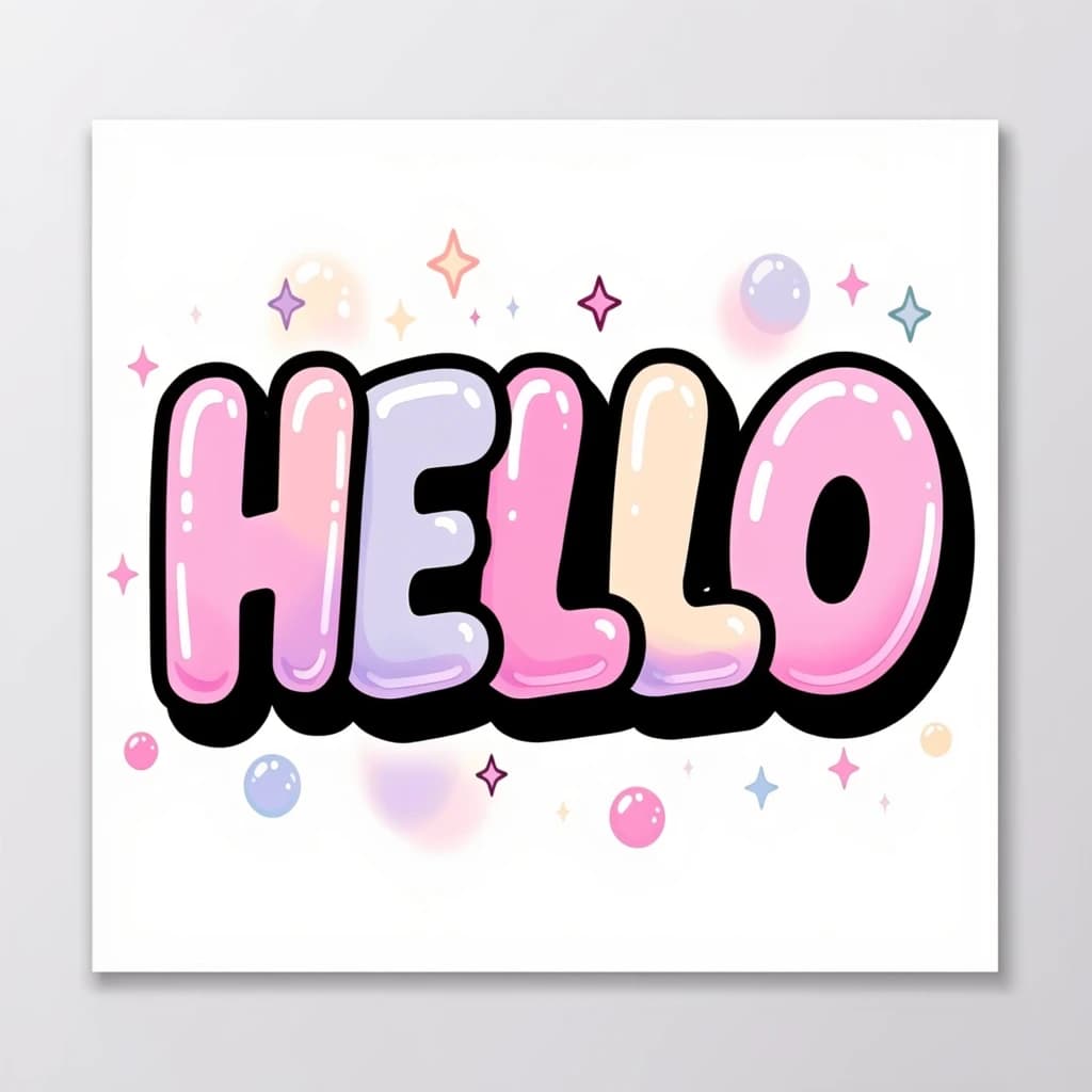 Make a bold bubble-letter poster that says HELLO, pastel palette, thick outline.