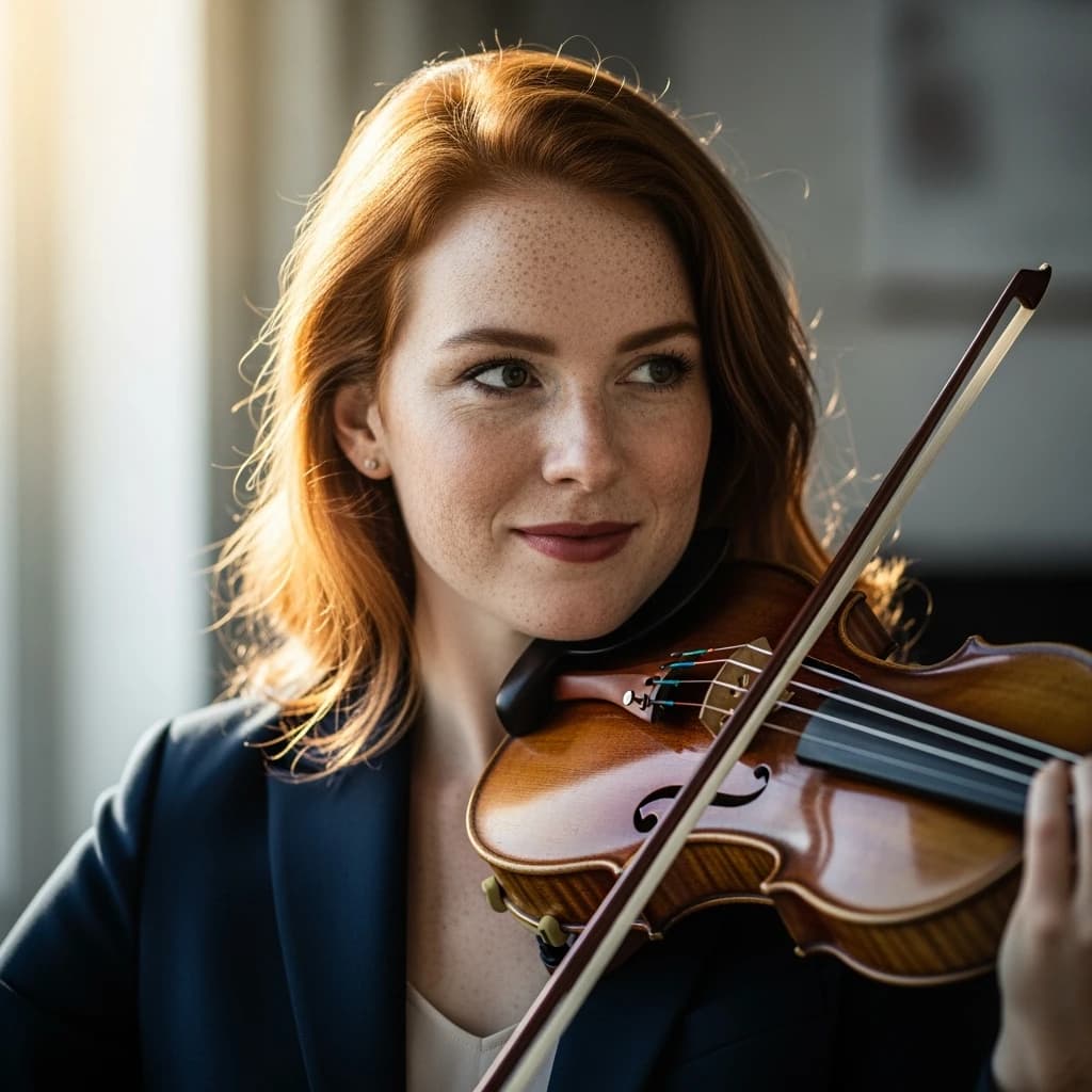 Capture a head-and-shoulders portrait of a freckled red-haired violinist in a navy blazer, soft window light, 85mm at f/1.8, gently smiling yet serious eyes, muted tones.
