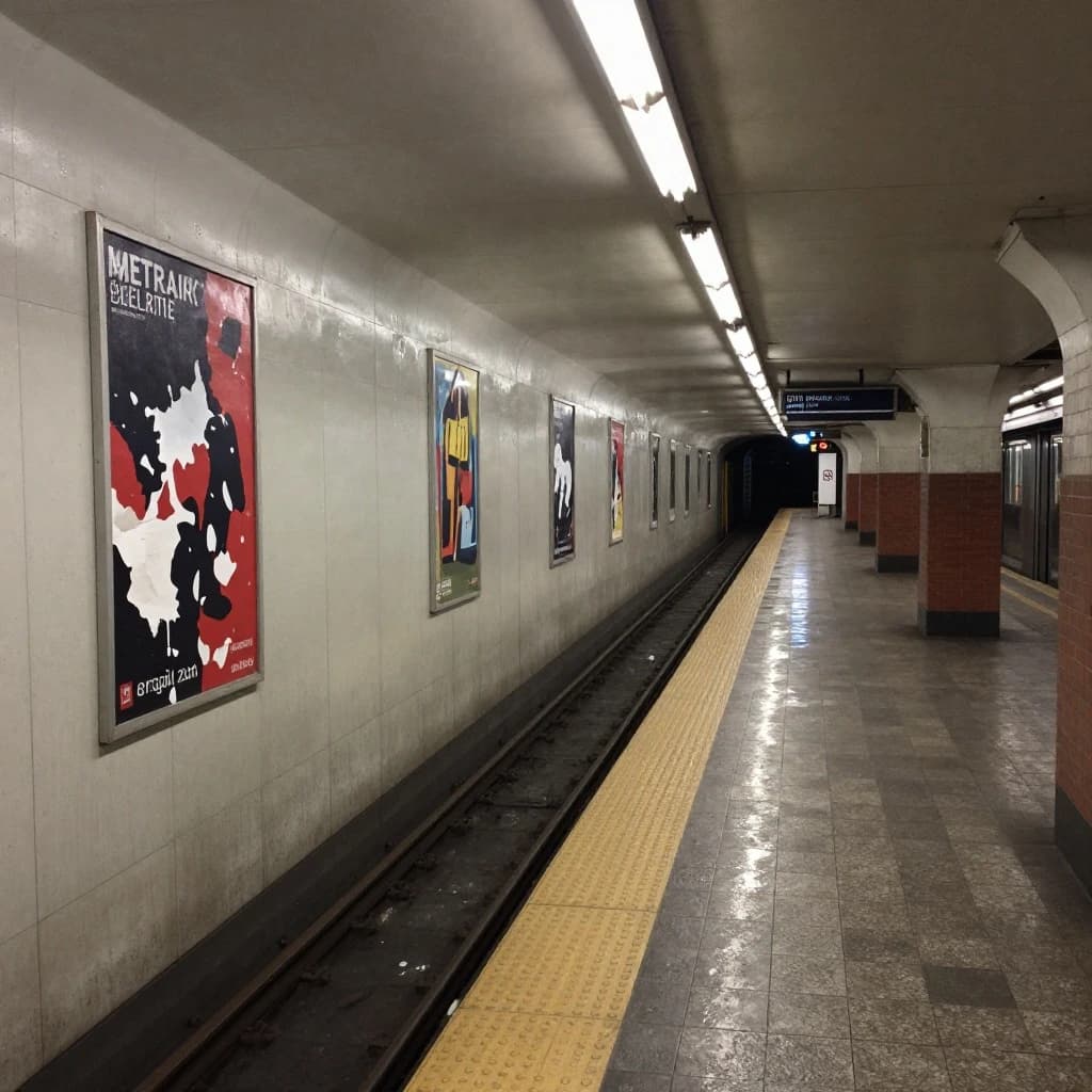 A subterranean subway platform with glossy tiles, peeling posters, flickering fluorescent lights, yellow safety line, and a distant train coming; slightly damp, echoes carry.