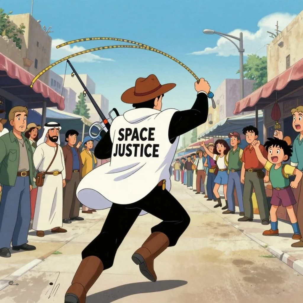 The space cowboy chases the deranged fisherman underneath the causeway, eager to collect on his bounty. Fishing rods and lines hang off the back off the fishermen as he darts between the bustling market crowd. We see the back of the space cowboy in his space poncho emblazoned with the words SPACE JUSTICE, spinning his lasso over his head. A child on the sidelines excitedly cheers the cowboy. 1990s hand drawn anime style with strong fluidity