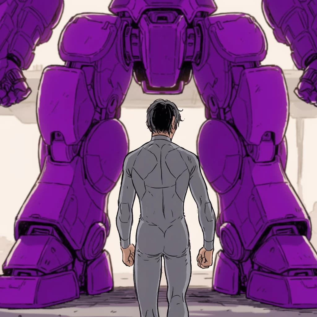 Clad in his body suit up to the neck, young Masa nervously approaches the towering mech with his back facing us. He is nervous for his first time in the field. The mech's bright purple colour scheme contrasts with the grey body suit. The scale of the mech dwarfs Masa. Hand drawn style