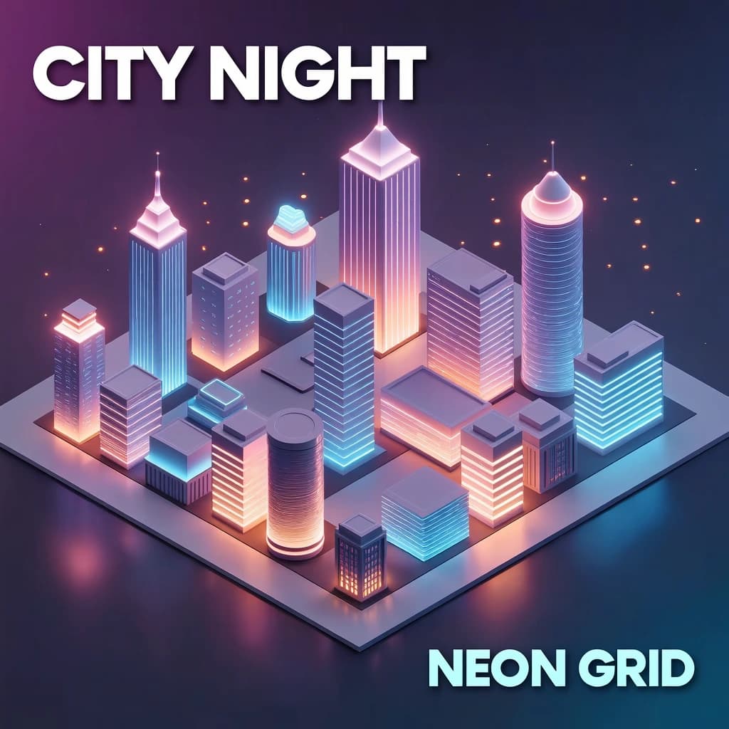 Render an isometric city poster with geometric buildings, neon gradients, gloss highlights, soft AO shadows, clean sans-serif lettering, grid layout, reflections a bit overexposed.