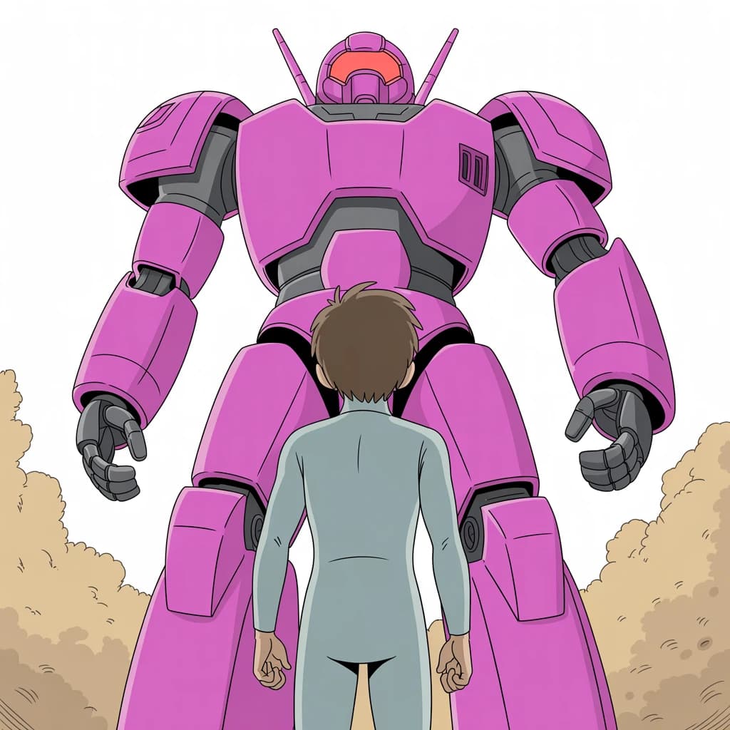 Clad in his body suit up to the neck, young Masa nervously approaches the towering mech with his back facing us. He is nervous for his first time in the field. The mech's bright purple colour scheme contrasts with the grey body suit. The scale of the mech dwarfs Masa. Hand drawn style