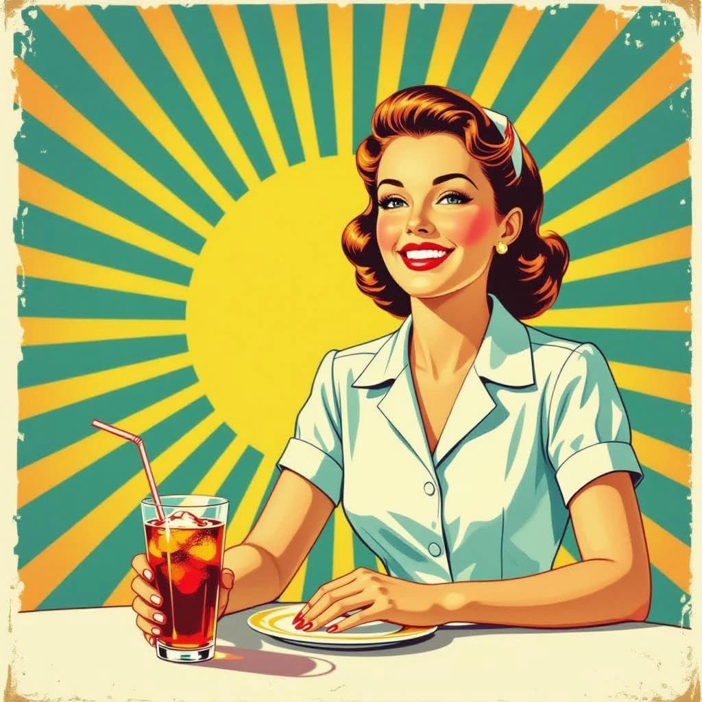 Mid-century soda ad, smiling waitress, halftone sunburst, a bit of faded paper.
