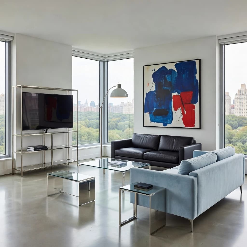 My apartment overlooks Central Park. It’s very luxurious, very expensive, and the furniture is minimal — a black leather couch, a glass coffee table with chrome legs, an Arne Jacobsen floor lamp. A big-screen television set rests on a steel shelving unit. A David Onica painting hangs above the couch. There’s a stainless steel and glass cocktail table. A powder-blue sofa. A thirty-inch digital TV.