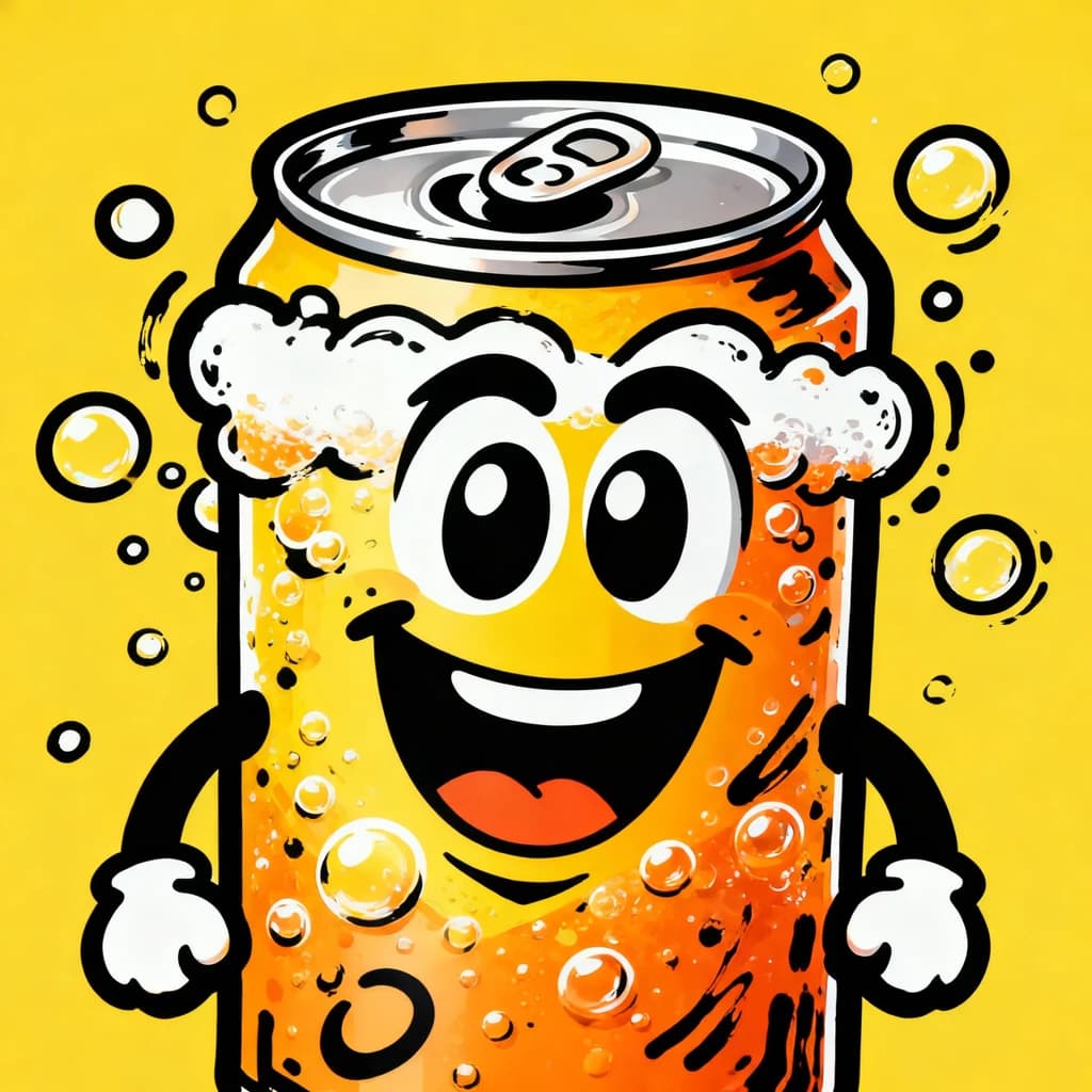 Design a bright soda billboard ad with a bubbly can mascot, thick inky lines.