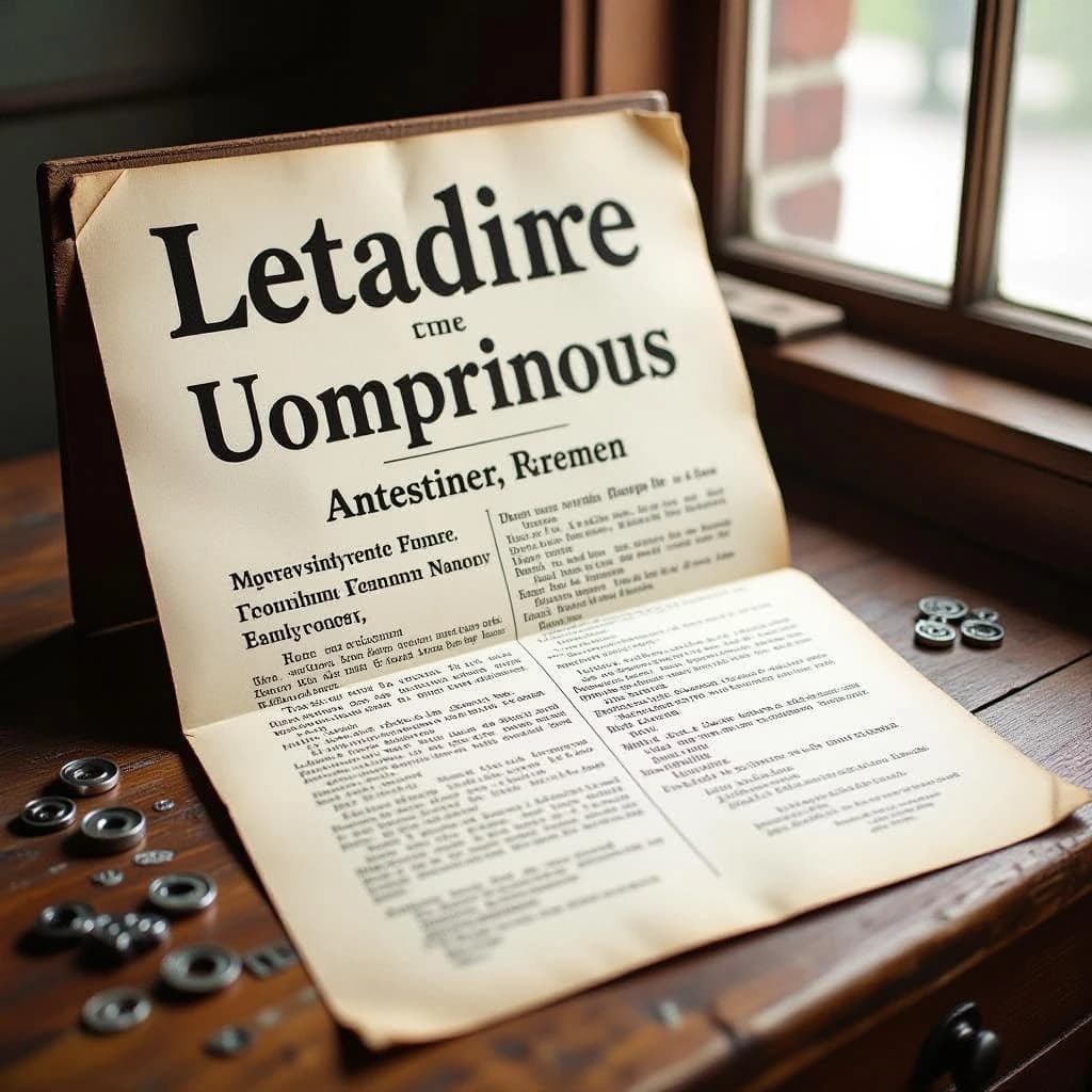 A vintage letterpress poster on a wooden desk: bold slab serif headline, tight kerning, misregistered ink, slightly worn edges, scattered metal type, soft window light.