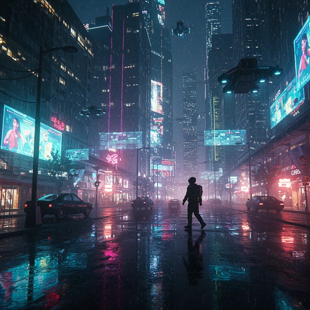 Rain-soaked neon megacity at night, flying taxis weave between glass towers, giant holograms flicker; a lone courier in a matte exosuit, somewhat cinematic wide angle.