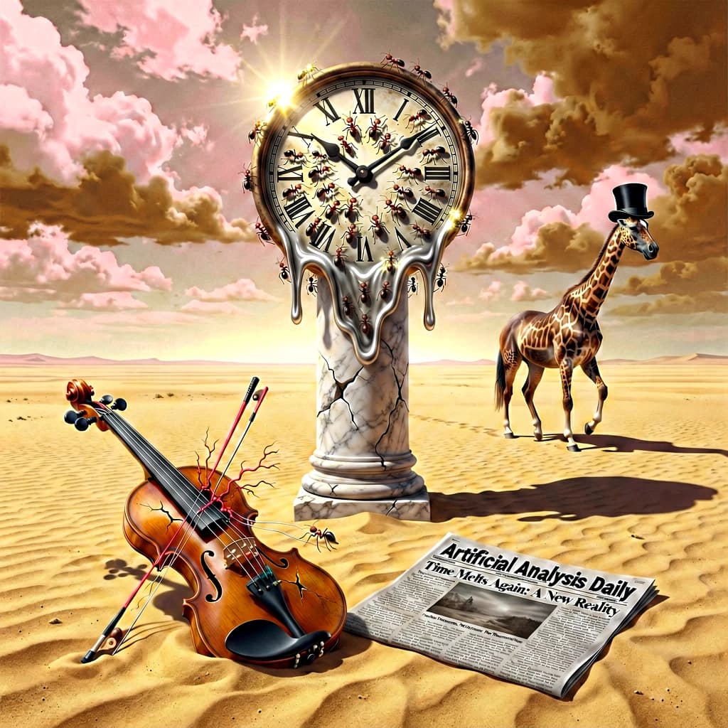 A vast desert plain stretches endlessly under a sky streaked with pale pink and ochre clouds. In the center stands a colossal clock, its face drooping and melting over the edge of a broken marble column. Ants swarm across its warped surface, glinting in the harsh sunlight. To the right, a horse with a giraffe like neck wearing a top hat strides toward the horizon, its shadow stretching miles across the sand. A cracked violin lies half-buried in the foreground, strings snapping outward like veins. Painted in the dreamlike surrealist style. A newspaper named the "Artificial Analysis Daily" lies on the Floor.