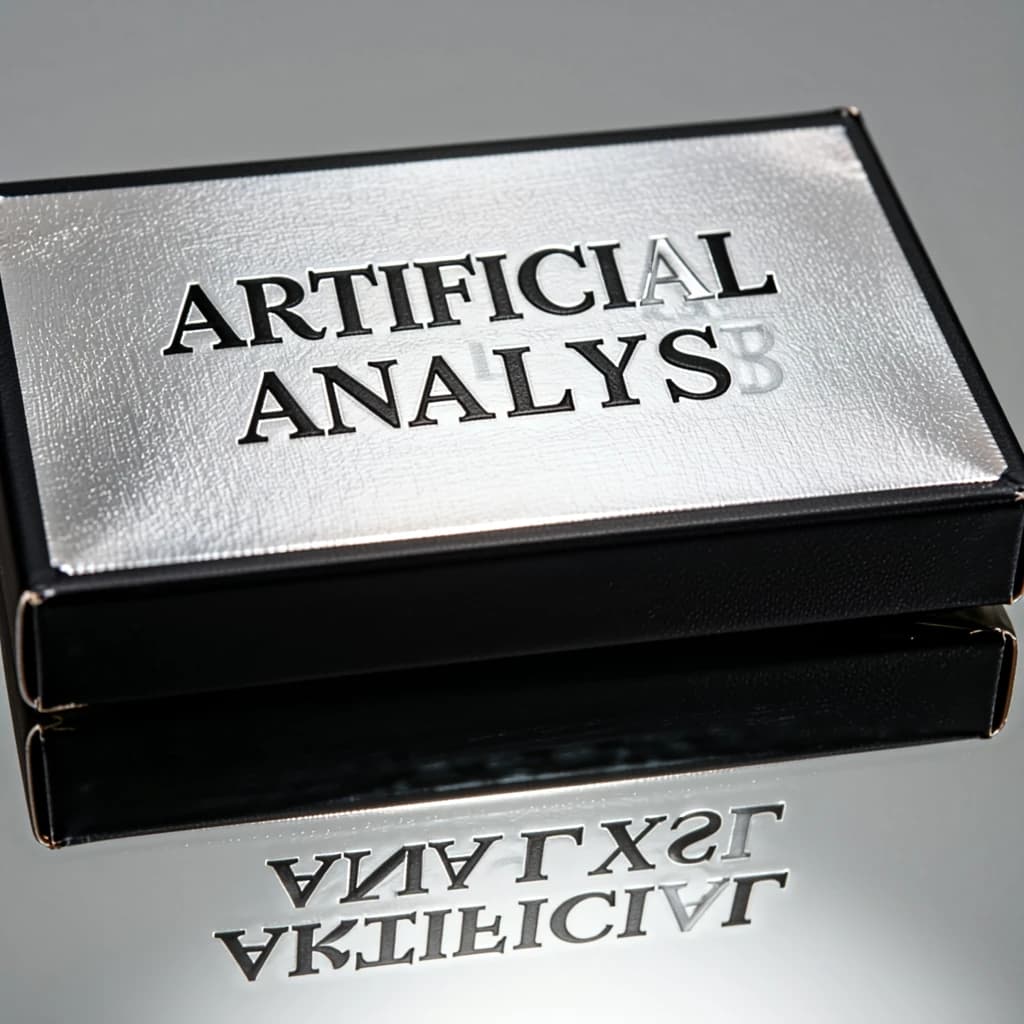 On the black box, silver foil embossing, centered: "Artificial Analysis" in Comic Sans Small Caps, perfectly justified. The letters are crisp, but the “Y” is duplicated faintly, ghosting right. On the box’s reflection, the word order is inverted: ARTIFICIAL ANALYSIS.