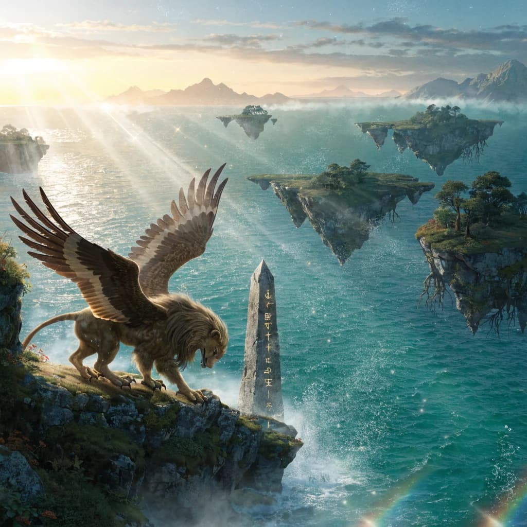 At dawn, a winged griffin lands on a mossy cliff above a jade sea beside a runed obelisk; floating isles drift under golden sunbeams, with a bit of sea spray and glowing runes.