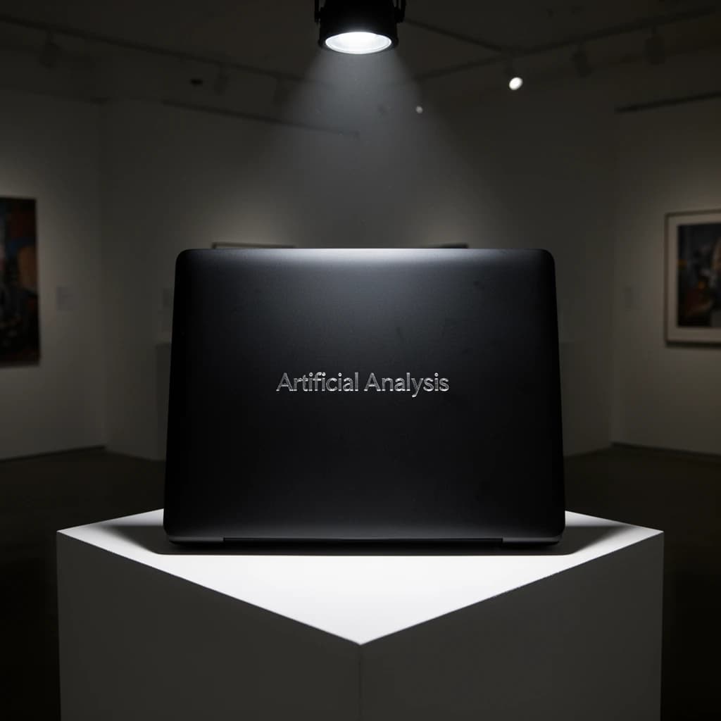 A premium matte black laptop-sized box rests on a pure white pedestal within a gallery space. Overhead, a single spotlight carves sharp contrast, leaving the edges in deep shadow. The brand name Artificial Analysis is embossed in silver foil, glinting faintly as though it were jewelry.