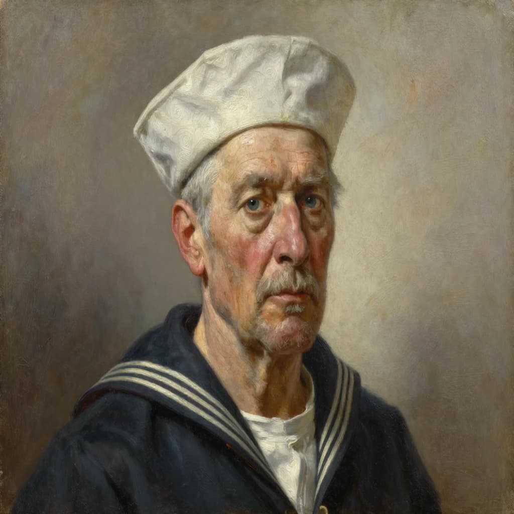 Oil on canvas portrait of an elderly sailor, weathered face, soft light.