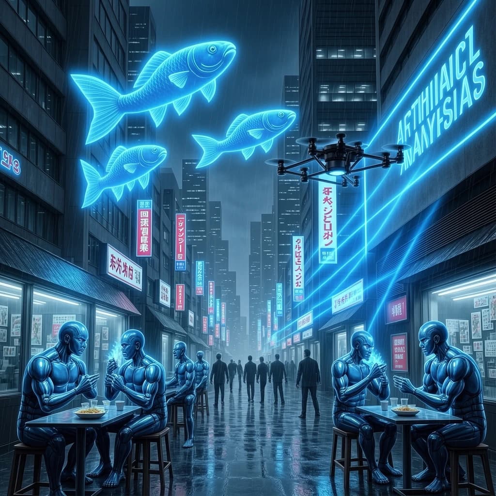 A neon alley in Neo-Tokyo 2142 drips with rain Cybernetic patrons slurp ramen at a stall with their glowing implants humming with blue light. Three giant holographic koi hover 10 metres above the ground and swim across the skyline, one has clipped into a building. A six-prop drone hovers nearby, projecting "Artificial Analysis" onto a wall with blue laser beams visible