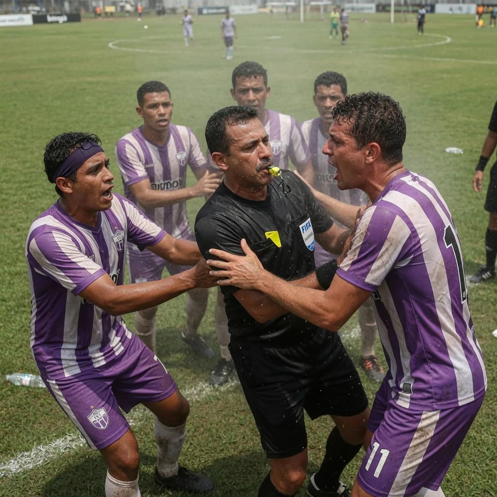 The soccer player clashes with the ref. It is thick and humid and the heat is getting to the players. His friend tries to pull him off before he causes any more trouble.