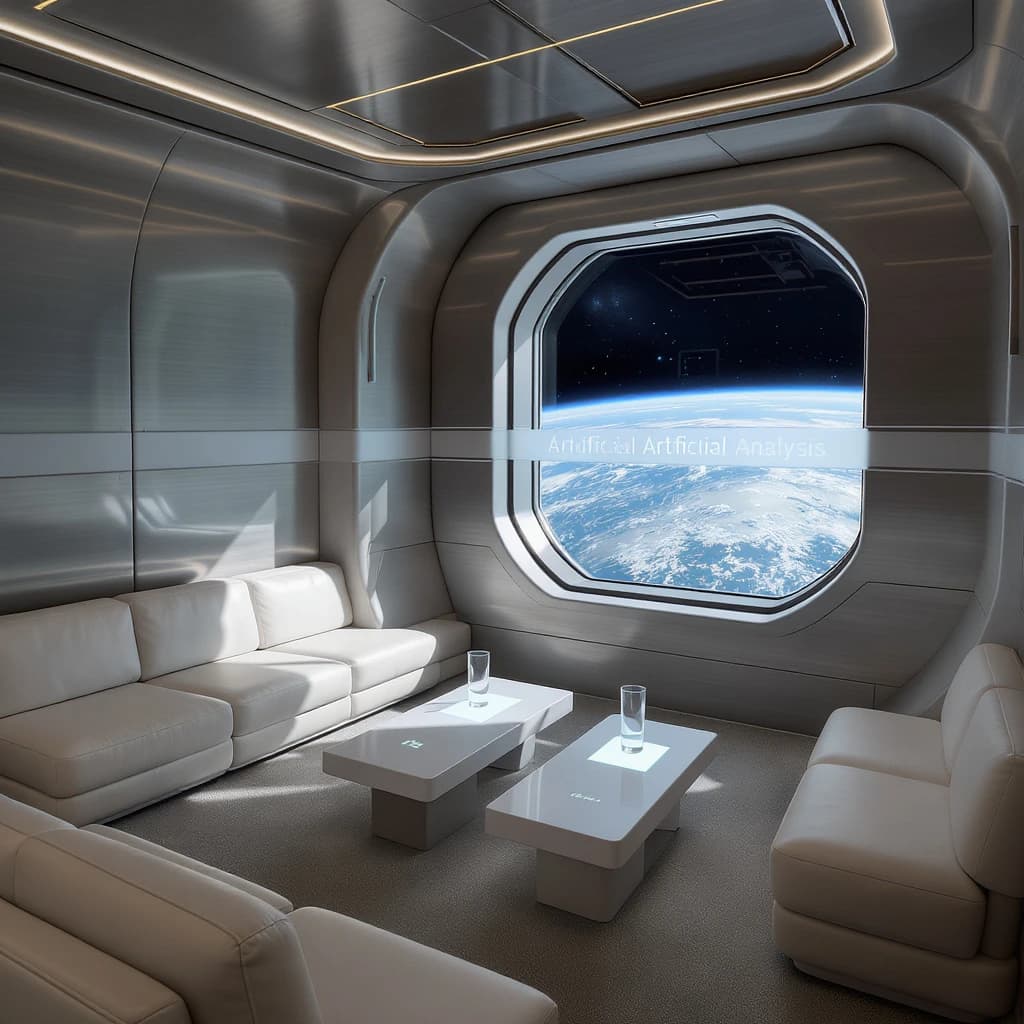 The orbital lounge has brushed aluminum walls and pale leather banquettes. Low white tables are inset with glowing touchscreens. Drinks are clear, flavorless, in tall unmarked glasses. The viewport is floor-to-ceiling, showing Earth moving slowly beneath. The word Artificial Analysis is etched discreetly on the glass in a frosted band.