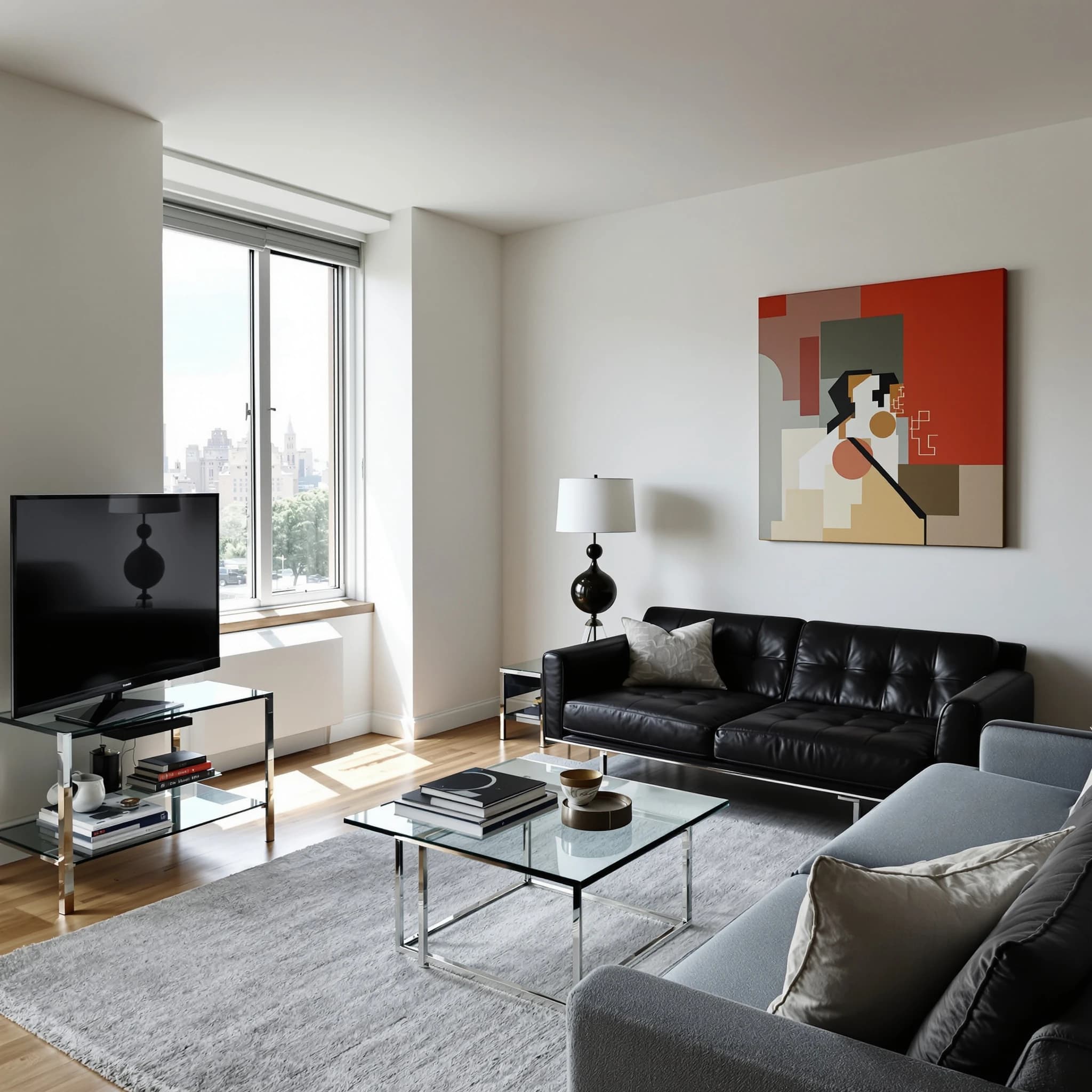 My apartment overlooks Central Park. It’s very luxurious, very expensive, and the furniture is minimal — a black leather couch, a glass coffee table with chrome legs, an Arne Jacobsen floor lamp. A big-screen television set rests on a steel shelving unit. A David Onica painting hangs above the couch. There’s a stainless steel and glass cocktail table. A powder-blue sofa. A thirty-inch digital TV.