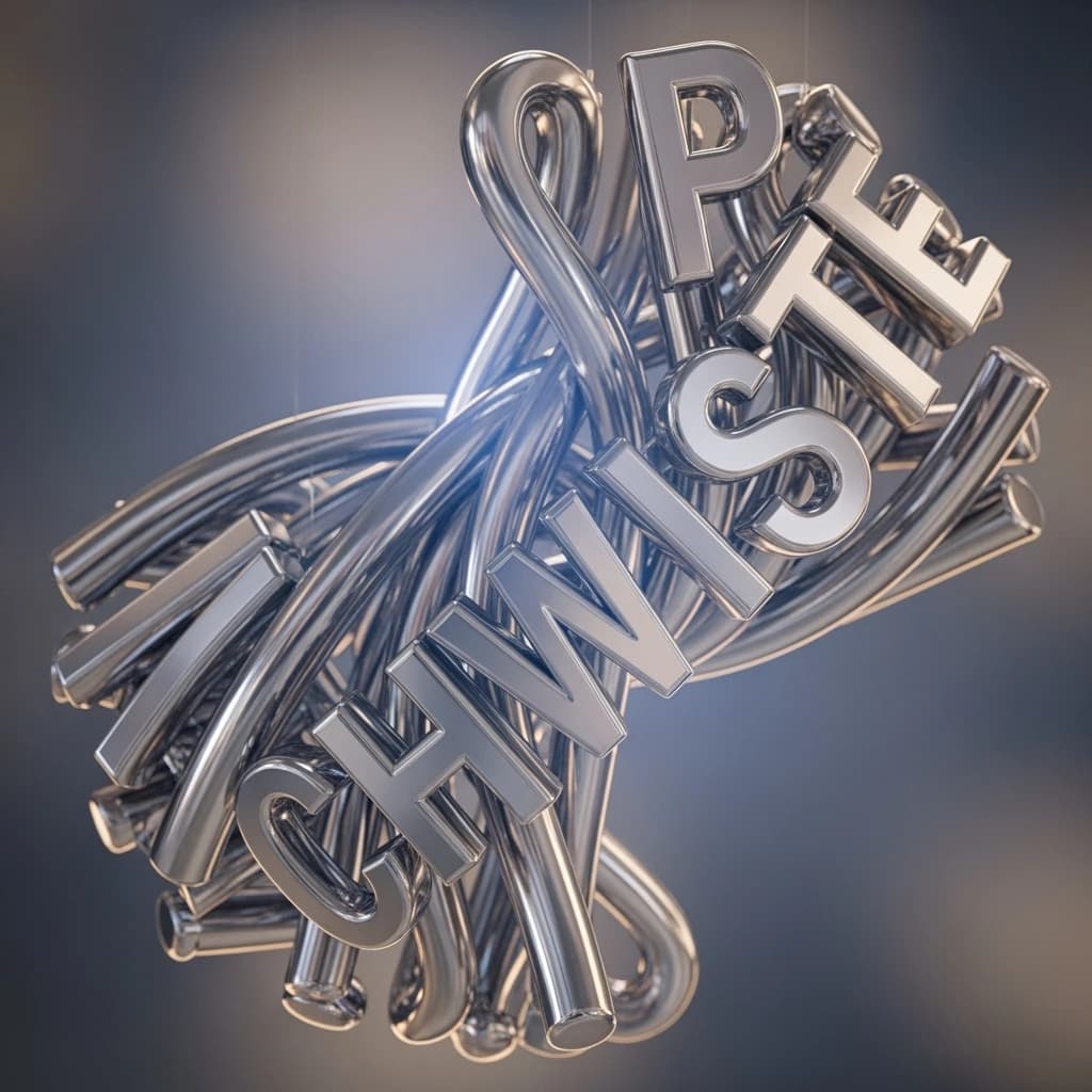 Render chrome 3D letters twisting in midair, soft glow, a bit of grain.