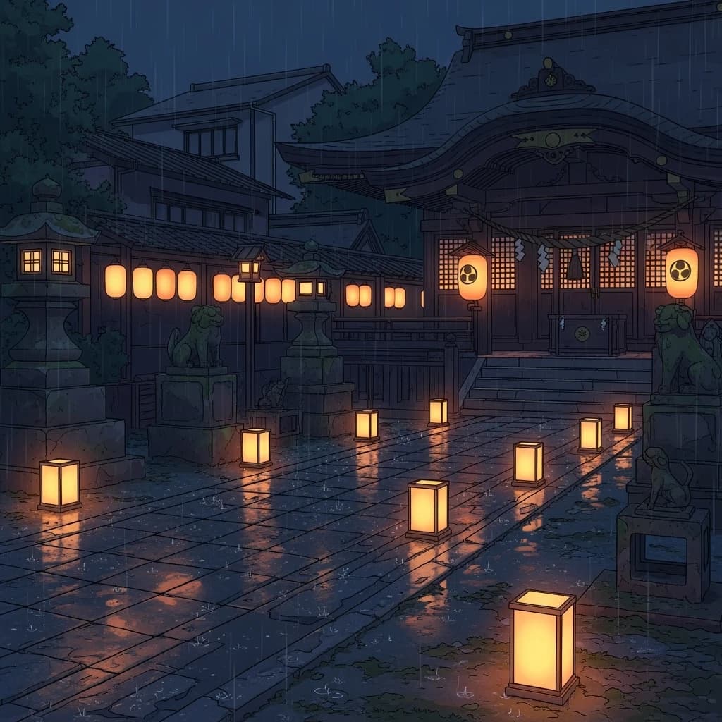 Lantern-lit shrine courtyard at night, cel-shaded, soft glow, drizzle.