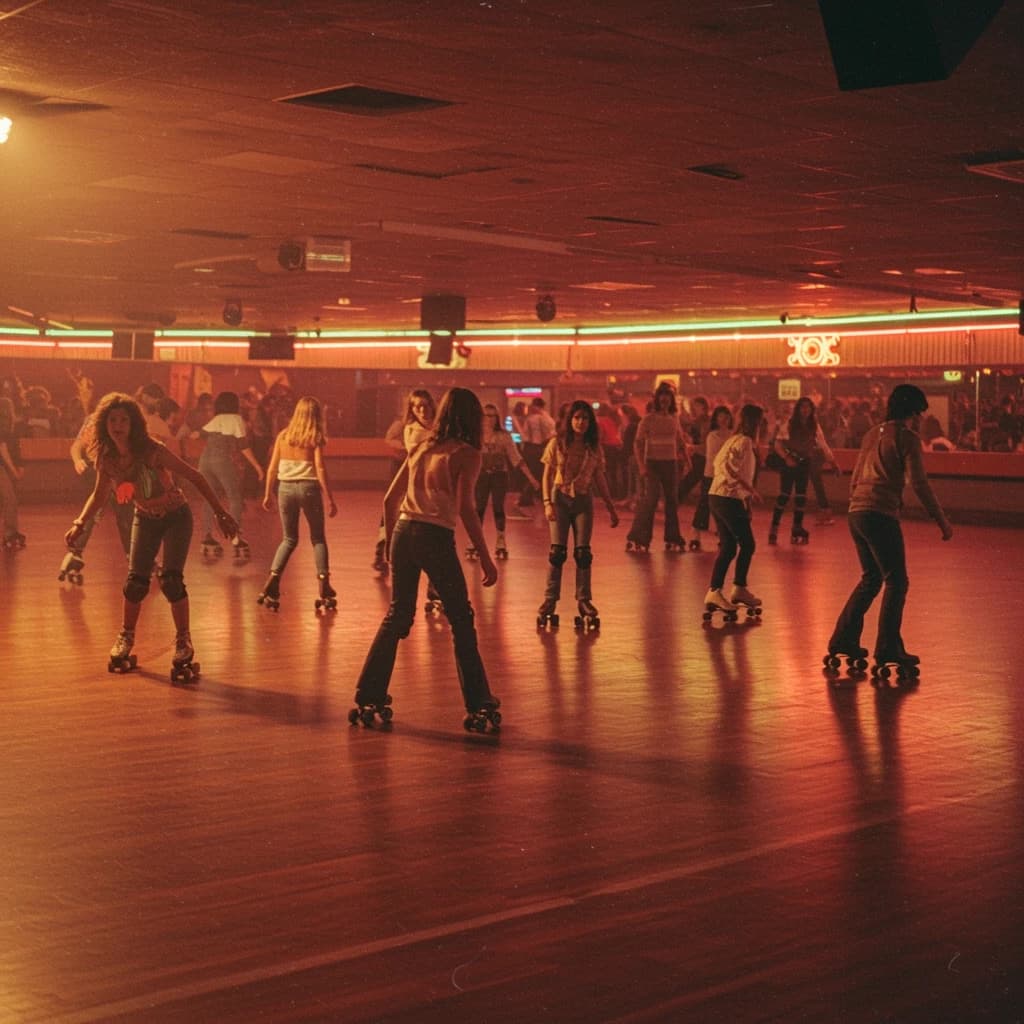 A 1970s roller rink crowd skates under neon, with a bit of fade and film grain.