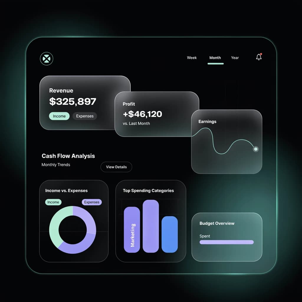 Make a dark mode finance dashboard with charts, glassmorphism, soft neon glow.