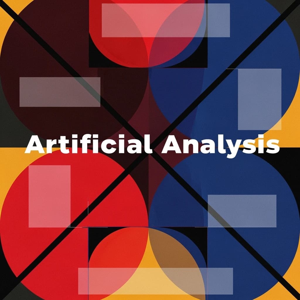 A bold poster composition dominated by flat geometric shapes in crimson, cobalt, and ochre. Overlapping circles and sharp diagonal lines create dynamic tension across the frame. A single sans-serif word — Artificial Analysis — stretches across the center in stark white, distorted slightly as though caught mid-glitch. The background is textured with halftone dots and faint grid lines, while subtle overlays of translucent rectangles suggest depth. Designed in the spirit of modernist Swiss typography fused with digital glitch aesthetics.