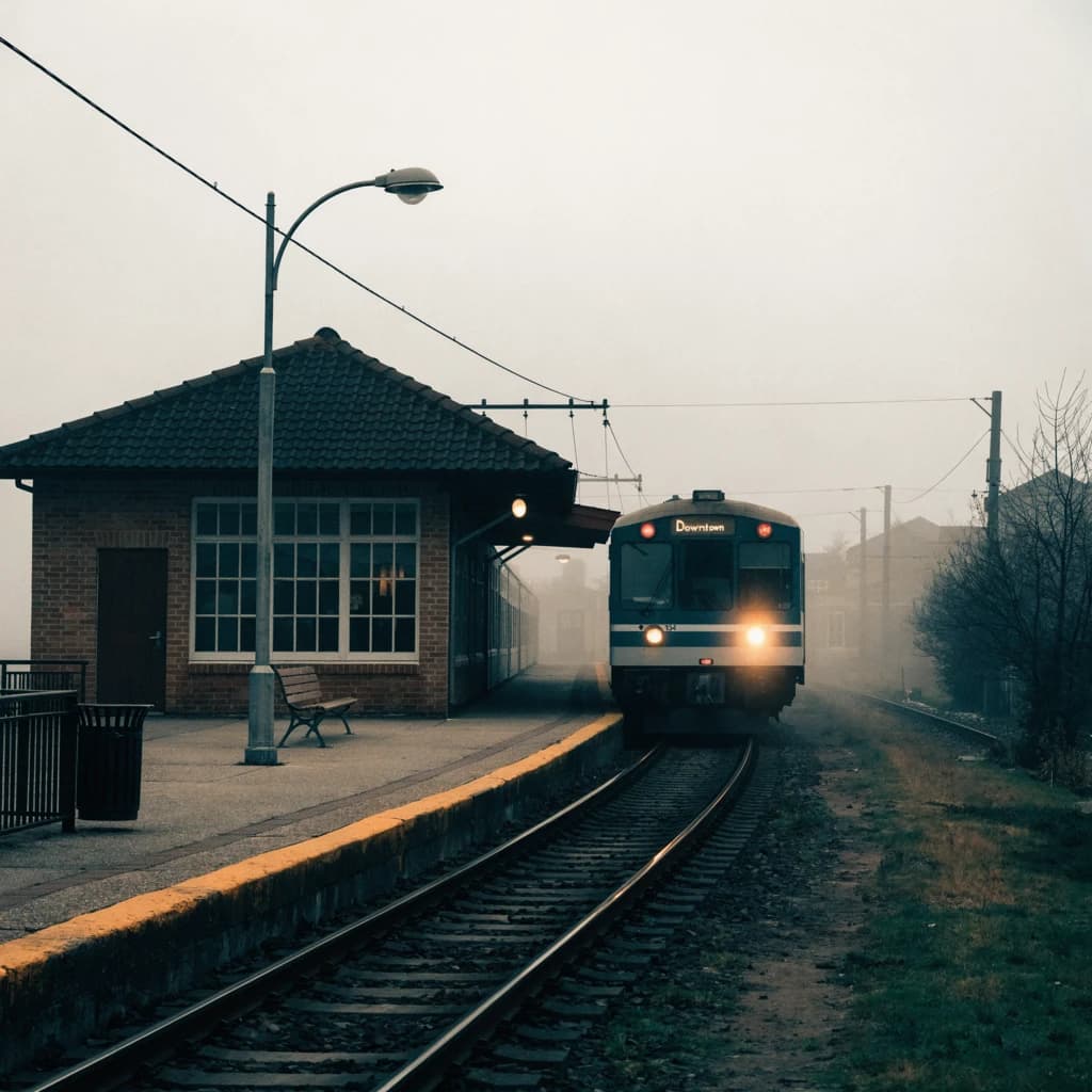 A commuter train enters a foggy little station.