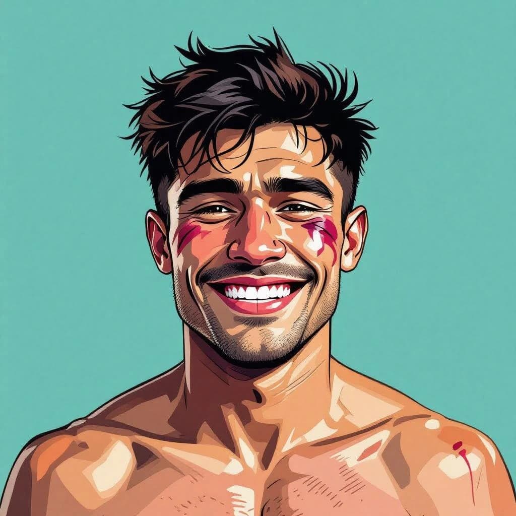 Paint a bruised boxer smiling, serious expression.