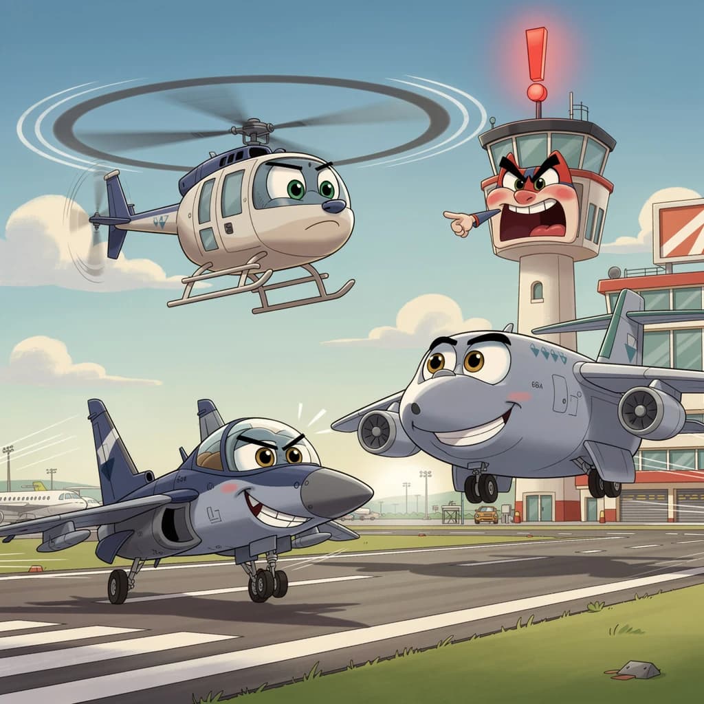 Almost at the runway, Fred the Fighter Jet is racing with Barry the Bomber to see who lands first. Fred has a mischievous trick up his sleeve but Hermione the Helicopter is going to stop him before he gets the chance. The control tower is very angry and has a big exclamation mark. Hand drawn cel look