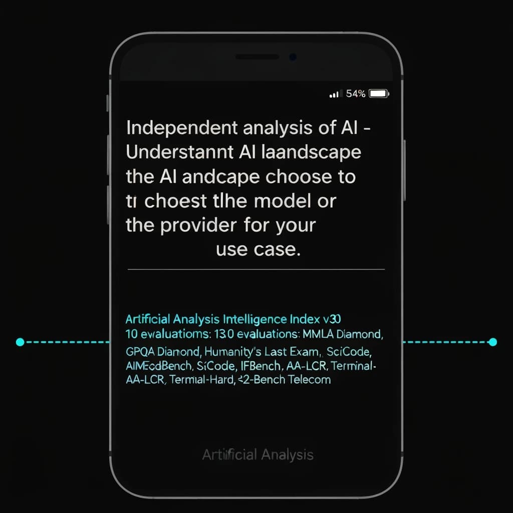 On a black smartphone UI with rounded corners, display a centered text block in white San Francisco font, 16pt: “Independent analysis of AI - Understand the AI landscape to choose the best model and provider for your use case.” Below, in neon cyan, monospace font, smaller size: “Artificial Analysis Intelligence Index v3.0 incorporates 10 evaluations: MMLU-Pro, GPQA Diamond, Humanity's Last Exam, LiveCodeBench, SciCode, AIME 2025, IFBench, AA-LCR, Terminal-Bench Hard, 𝜏²-Bench Telecom.” The second block scrolls horizontally as a ticker. The battery icon in the status bar shows 54%. The Artificial Analysis logo appears faintly, embossed into the bottom navigation bar.