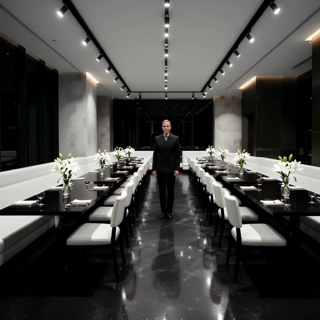 The place is almost empty. The banquettes are covered in white leather, the tables black granite, and the entire room is bathed in halogen track lighting that seems too bright. The maître d’ wears a double-breasted wool crepe jacket. There are lilies on every table.