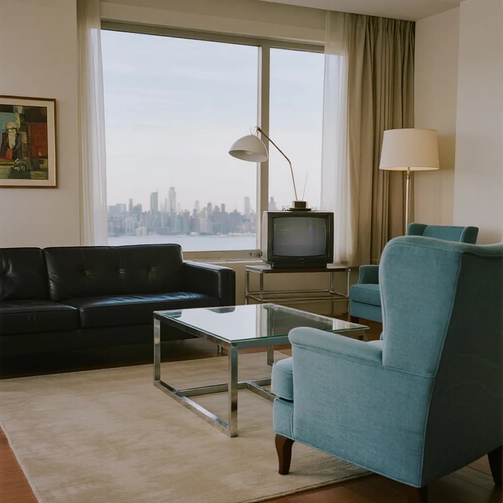My apartment overlooks Central Park. It’s very luxurious, very expensive, and the furniture is minimal — a black leather couch, a glass coffee table with chrome legs, an Arne Jacobsen floor lamp. A big-screen television set rests on a steel shelving unit. A David Onica painting hangs above the couch. There’s a stainless steel and glass cocktail table. A powder-blue sofa. A thirty-inch digital TV.