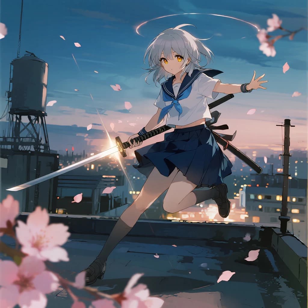 Wind-swept rooftop at dusk, a silver-haired swordswoman in a navy school uniform leaps, luminous eyes, cel shading, cherry blossoms swirl, neon city, dynamic angle, speed lines.