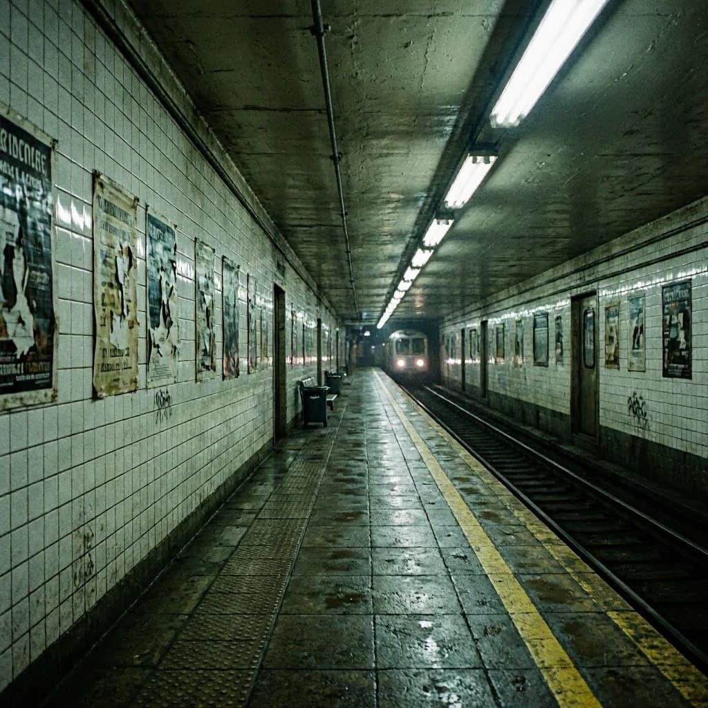 A subterranean subway platform with glossy tiles, peeling posters, flickering fluorescent lights, yellow safety line, and a distant train coming; slightly damp, echoes carry.
